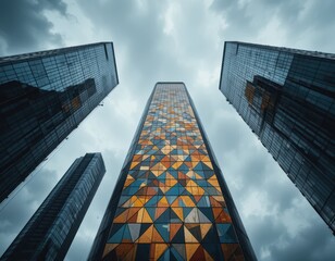 Skyscrapers rise against a cloudy sky showing architectural prowess and design