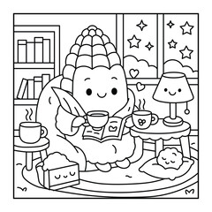 Kawaii Corn Reading with Tea – Cozy Coloring Page for Kids and Adults