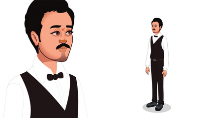 Obraz premium Vector indian waiter cartoon character waiter man