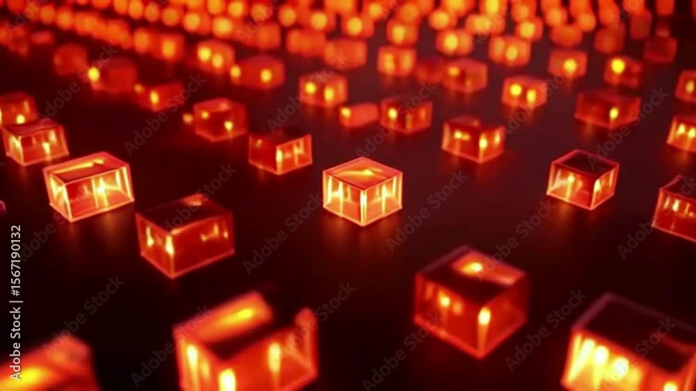 Wall mural glowing geometric cubes create a vibrant red pattern against a dark backdrop, creating a mesmerizing