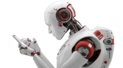 a white humanoid robot using a smartphone, side view close-up on the hand and screen, png, transparent