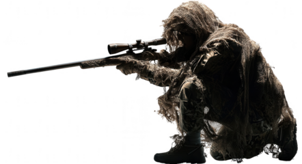 A sniper with camouflage netting and a long rifle, crouching in the shadows, isolated on a white background, png, transparent
