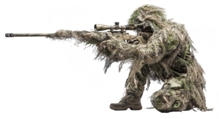 A sniper with camouflage netting and a long rifle, crouching in the shadows, isolated on a white background, png, transparent