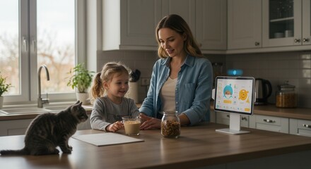 A mother and daughter are looking at a tablet with their cat in the kitchen