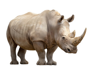 Obraz premium Side view of a white rhinoceros standing, looking at the camera, isolated on a clear background, png, transparent
