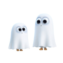 Two cute little ghosts, snooty cartoon characters with big eyes wearing white Halloween costumes, png, transparent