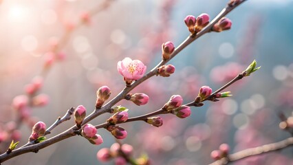 Close-Up of Pink Flower Buds on Branch with Soft Pastel Background