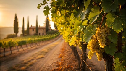 Close-Up of Vineyard Grapes at Sunset in Tuscany