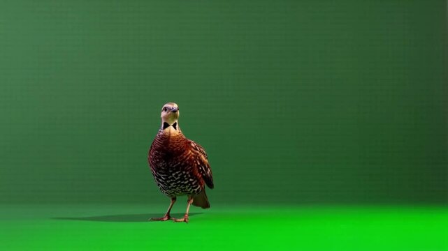 Brown partridge with patterned feathers standing on a solid green background in studio shot green screen bird video