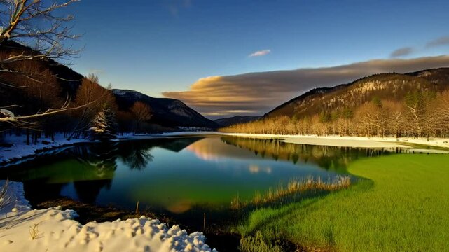 Timelapse of a frozen lake in the mountains thawing, transitioning from winter to spring