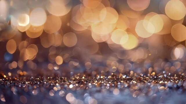 Sparkling iridescent glitter with gold tones and bokeh lights, abstract background