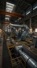Large industrial machinery and piping fill a factory interior