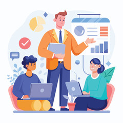 Team meeting presentation collaboration analyzing statistics and business growth