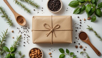 Aesthetic culinary gift wrapped in craft paper with spice and herb decoration