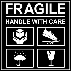 Fototapeta premium Fragile Handle With Care Shipping Label Vector, Packaging Signage and Icons, Caution Sticker Design for Boxes, Shipping and Delivery Warning Graphic