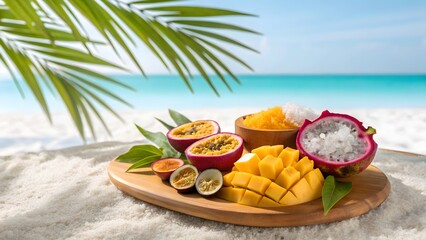 Obraz premium Fresh Tropical Fruits on White Sand Beach with Turquoise Sea Background