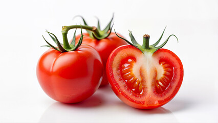 Whole and halved ripe tomato with visible seeds and juicy flesh isolated on a white background. Suitable for food blogs, healthy eating concepts, and nutrition articles.