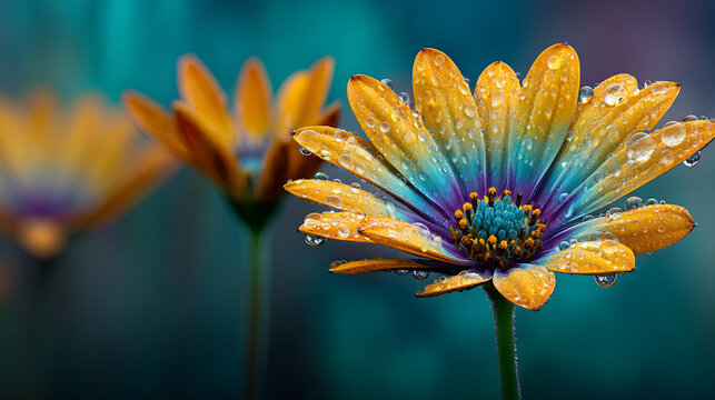 Dew drops cling to the vibrant petals of a colorful daisy creating a fresh and captivating floral scene.