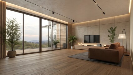 Modern Minimalist Living Room with Natural Wood Flooring and Scenic Views