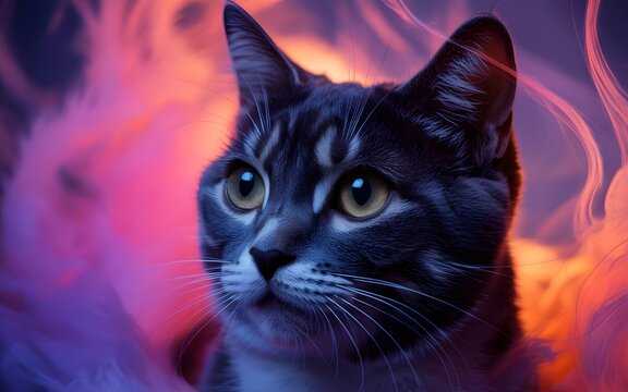 A striking portrait of a curious cat with intense gaze against a vibrant abstract background