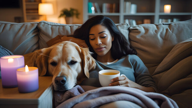 a women relaxing a image for showing value of world relaxation day relaxing in cozy room candles around it.