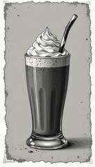Retro Refreshment: Engraved Style Chocolate Shake. Diner Delight: Hand-Sketched Chocolate Milkshake