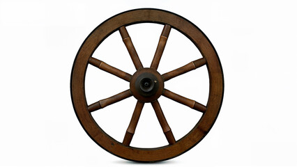 Old wooden wagon wheel with metal hub, isolated on a white background, showing rustic craftsmanship and circular shape. Suitable for historical, transportation, or antique-themed design and