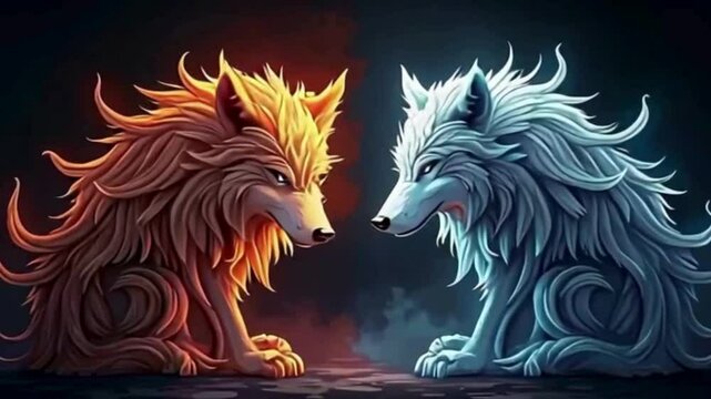 Two fantastical wolves in vibrant hues gaze intently at each other, one bathed in warm fire colors and the other in cool ice shades in a striking digital art piece.