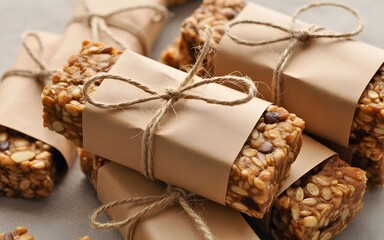 Delicious homemade granola bars wrapped with brown paper and tied with natural twine ready to eat