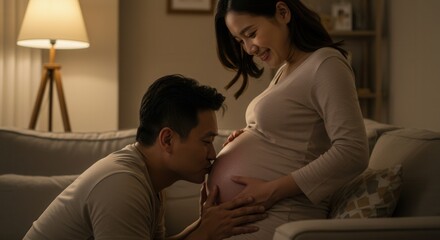 A loving husband kisses his pregnant wifes belly in their home