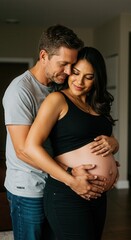 Loving husband embraces his pregnant wife as they await the arrival of their baby