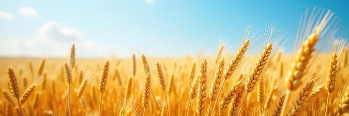 Golden Barley and Wheat Fields Swaying Gently in a Summer Breeze, Creating a Breathtaking Landscape of Ripe Grains Under a Clear Blue Sky.  A Picturesque Scene of Agricultural Abundance.