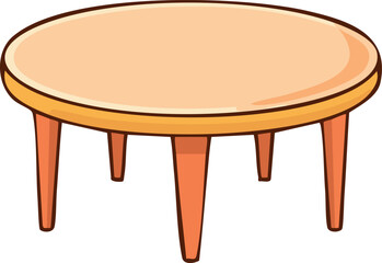 A cartoon illustration of a simple, round wooden table with four legs.