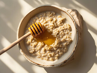 Flatlay of oatmeal breakfast with honey spoon and ceramic bowl soft morning lighting