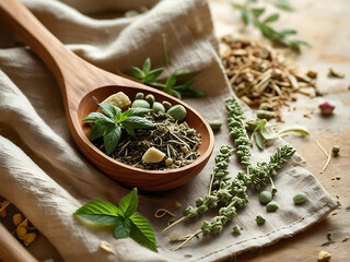 Flatlay of natural cosmetics with wooden spoon herbal ingredients and beige linen on rustic background