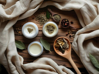 Flatlay of natural cosmetics with wooden spoon herbal ingredients and beige linen on rustic background