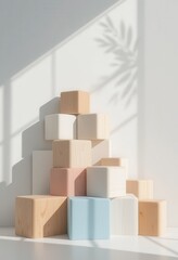 Minimalist composition of pastel wooden cubes with leaf shadow play background