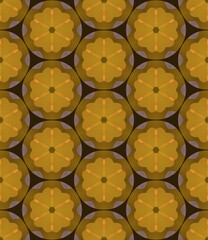 Golden and yellow cubes and coins form a seamless honeycomb pattern, creating a sweet, textured abstract background illustration