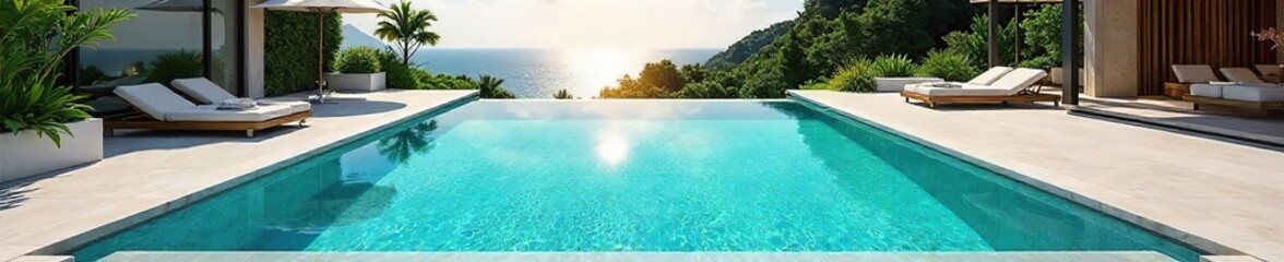 Luxurious Turquoise Poolside Relaxation Expansive Deck, Elegant Design, Perfect for High-End Real Estate