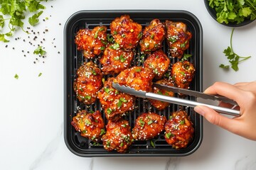 Grilled chicken thighs garnished with herbs, served in a modern kitchen setting