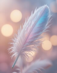 Obraz premium Dreamy iridescent feather with soft bokeh background of glowing circles
