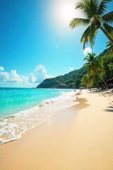 Golden sand meets turquoise water under a brilliant sunny sky Perfect for summer vacations and travel brochures Relaxing beach scene with gentle waves lapping the shore , sun, vacation