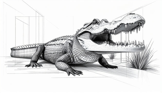 Sketch of Ferocious Alligator As Security in Alligator Alcatraz in the Everglades of South Florida 357