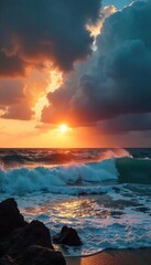 Dramatic Sunrise Ocean Storm Turbulent Waves Crashing on Shore, Golden Light Breaks Through