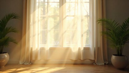 Serene Sunlight Streaming Through Sheer Curtains Peaceful Room Interior