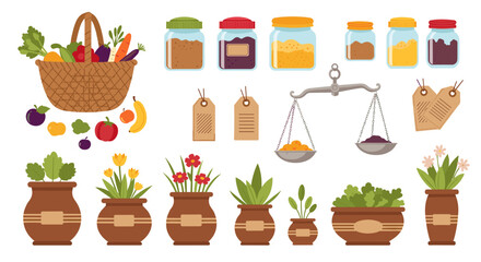 Illustration of a basket with vegetables, jars, scales, tags, and various potted plants on white