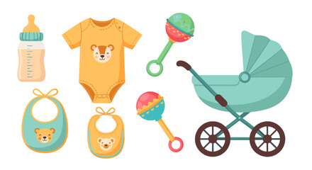 Illustration of baby essentials including a bottle, onesie, bibs, rattles, and a stroller