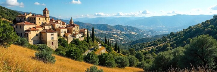 Sun-Drenched Spanish Landscape Rolling Hills, Terracotta Roofs, and Lush Olive Groves under a Clear Blue Sky. Perfect for travel, tourism, and Mediterranean-themed projects.