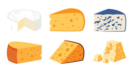 Illustration showcasing six distinct varieties of cheese with different textures and colors