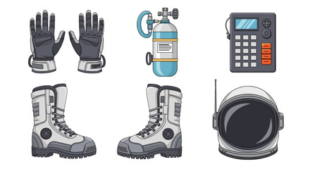 Illustration showcasing astronaut equipment including gloves, tank, remote, boots and helmet